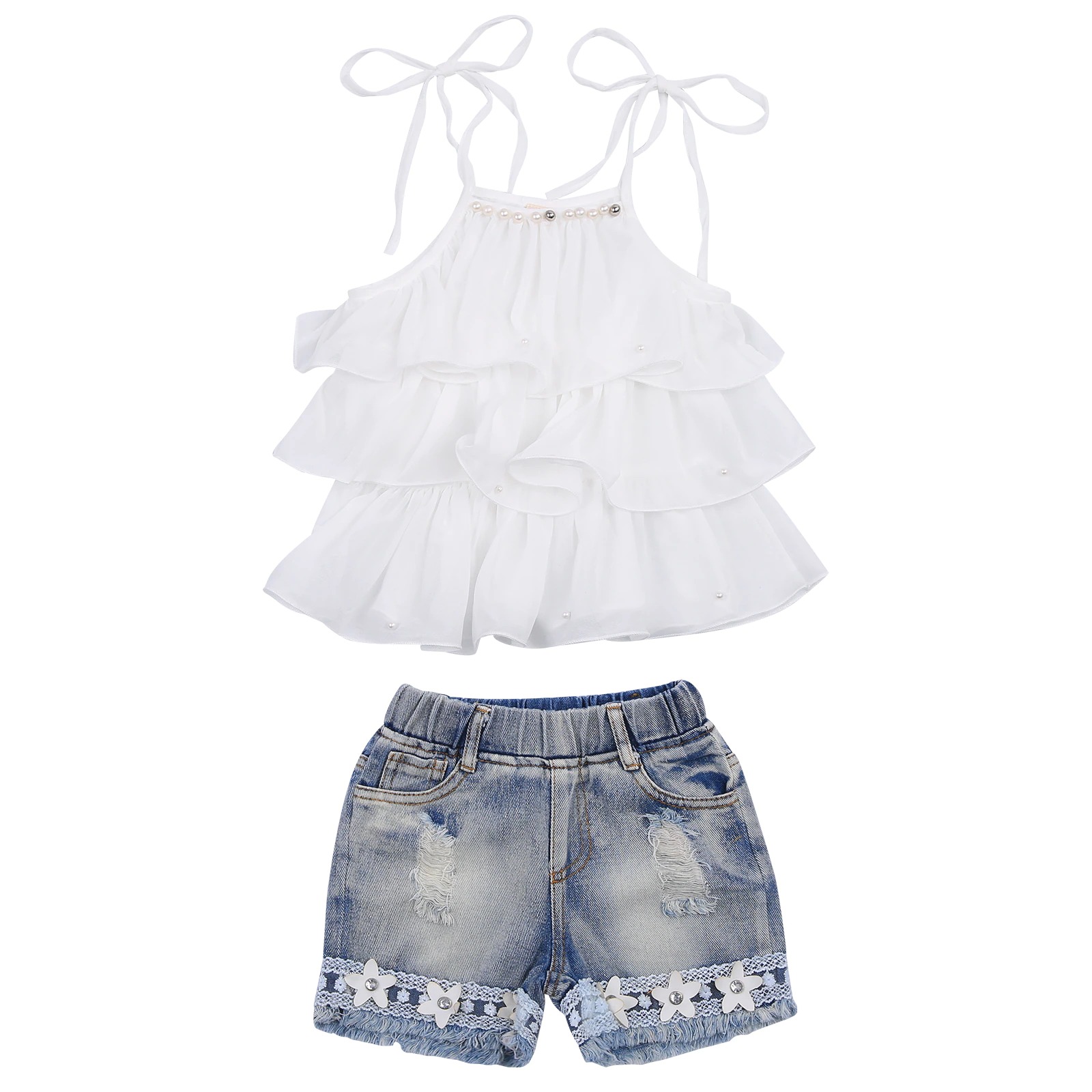 Denim flower shorts with white ruffle top(6-7y)