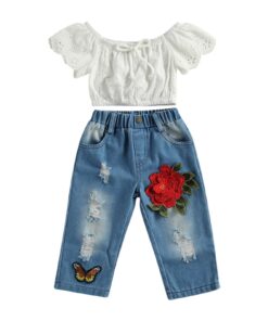 Denim rose pants with white off shoulder crop top(5-6y)