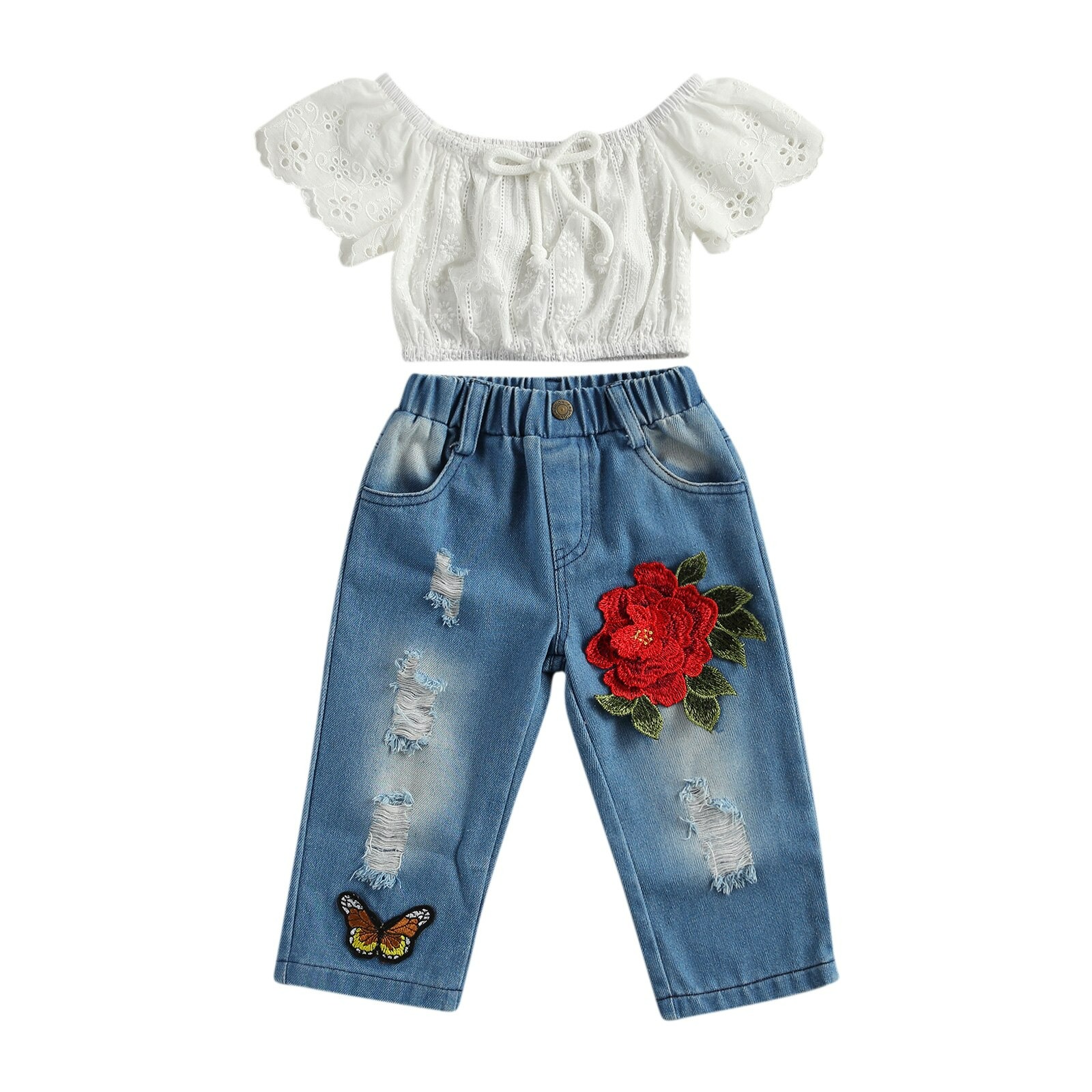 Denim rose pants with white off shoulder crop top(5-6y)
