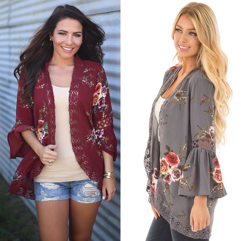 Maroon lace trim floral kimono(L)