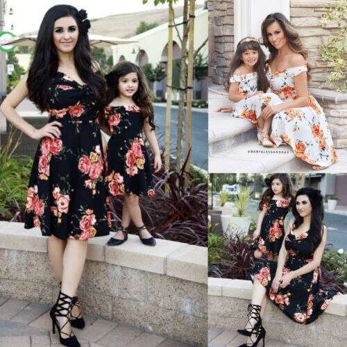 Black floral short dress(Mom-XL,Child-5-6y)