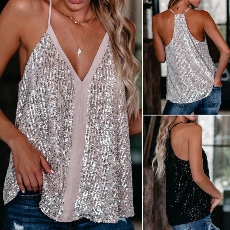 Loose black deep-v sequin top(XL)