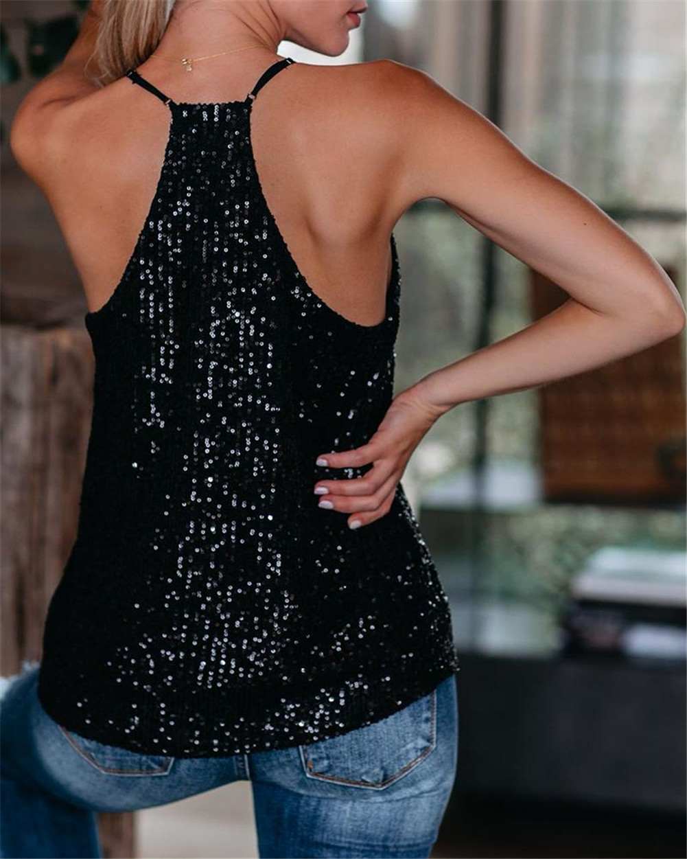 Loose black deep-v sequin top(XL) - Image 3