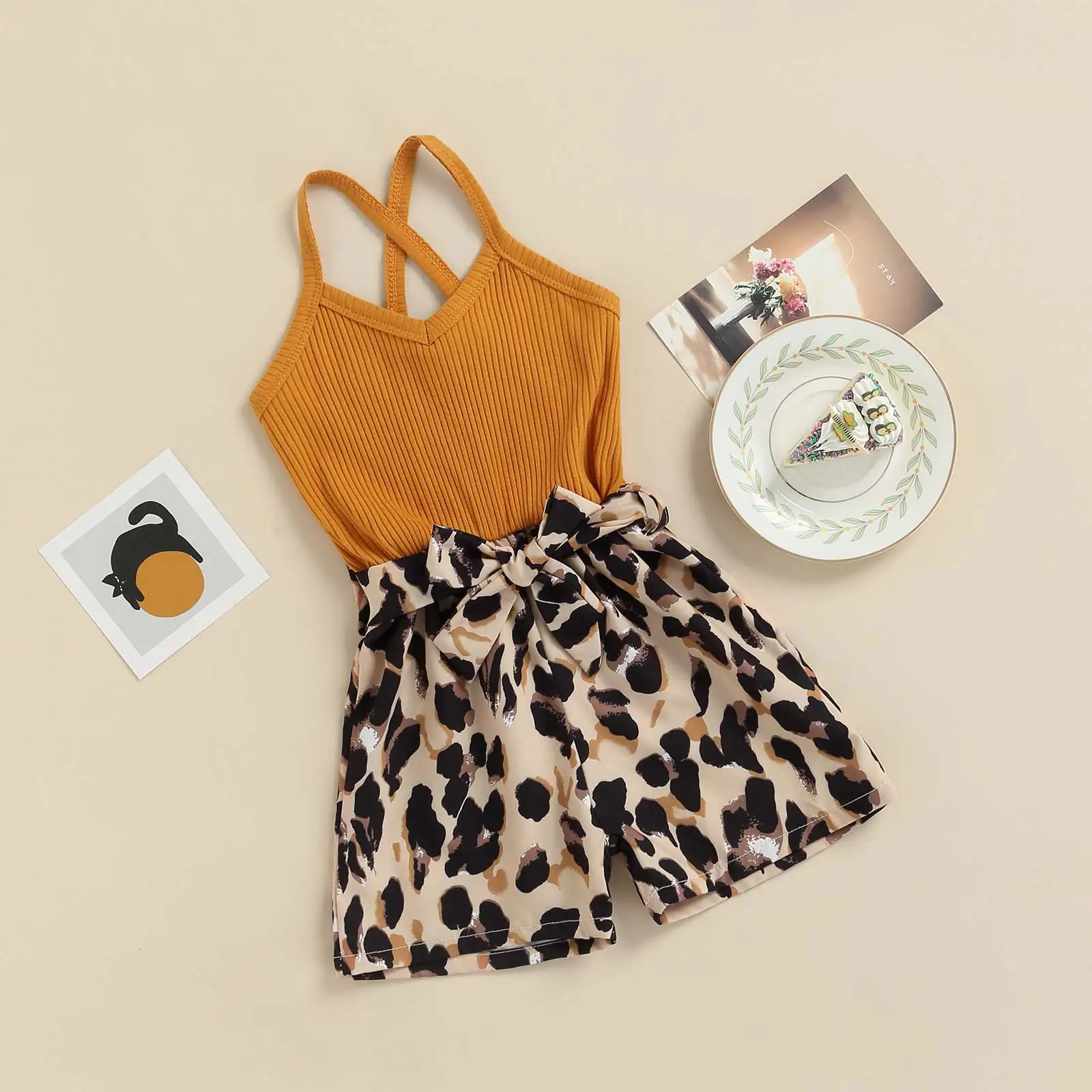 All in one leopard shorts and belt with mustard bodice - Image 2