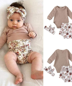 Beige romper with matching floral bloomer and headband - Image 2