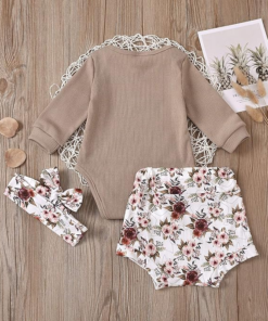 Beige romper with matching floral bloomer and headband - Image 3