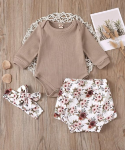 Beige romper with matching floral bloomer and headband - Image 4