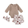 Beige romper with matching floral bloomer and headband