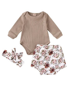 Beige romper with matching floral bloomer and headband