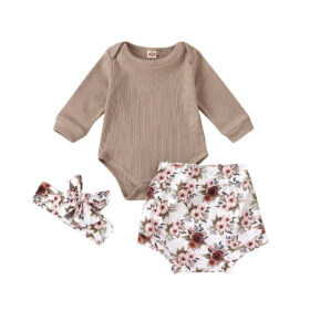 Beige romper with matching floral bloomer and headband