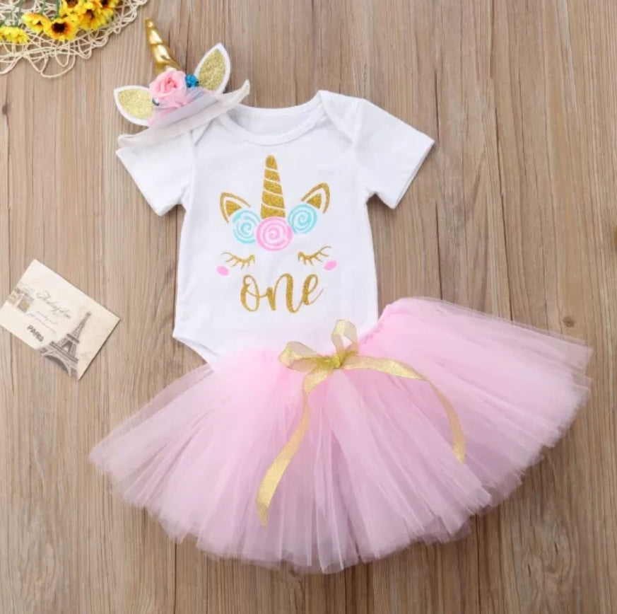 One Unicorn Birthday Romper with Tutu and Unicorn Hair Accessory - Image 3