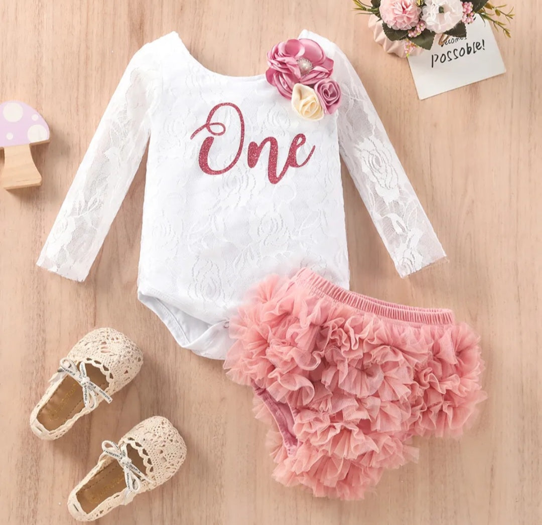 White Lace Birthday Romper with Lace Bloomer - Image 2