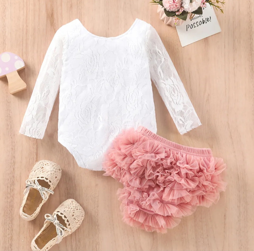 White Lace Birthday Romper with Lace Bloomer - Image 3