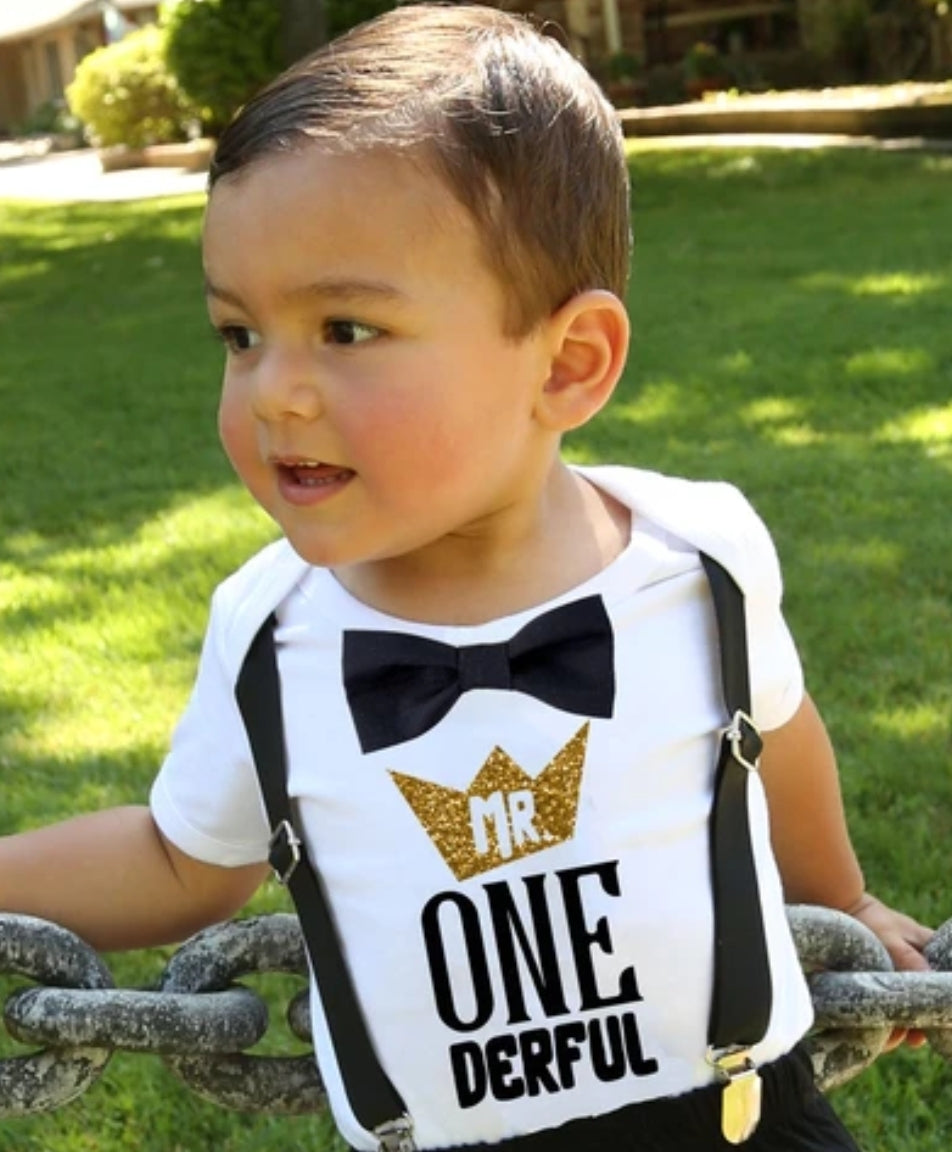 Mr ONE Derful Romper, Shorts and Suspenders