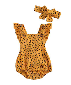 Black polka mustard romper with matching headband
