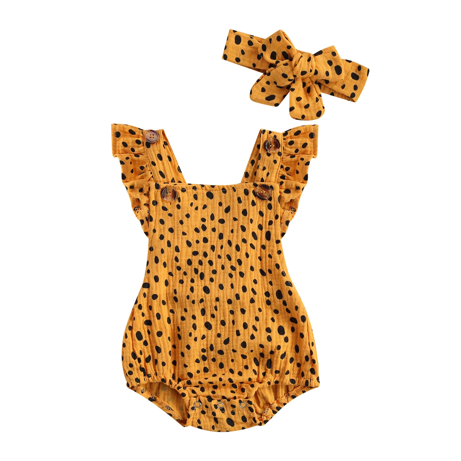Black polka mustard romper with matching headband