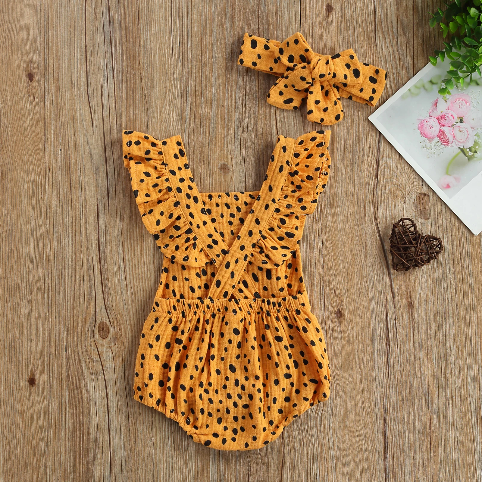 Black polka mustard romper with matching headband - Image 3