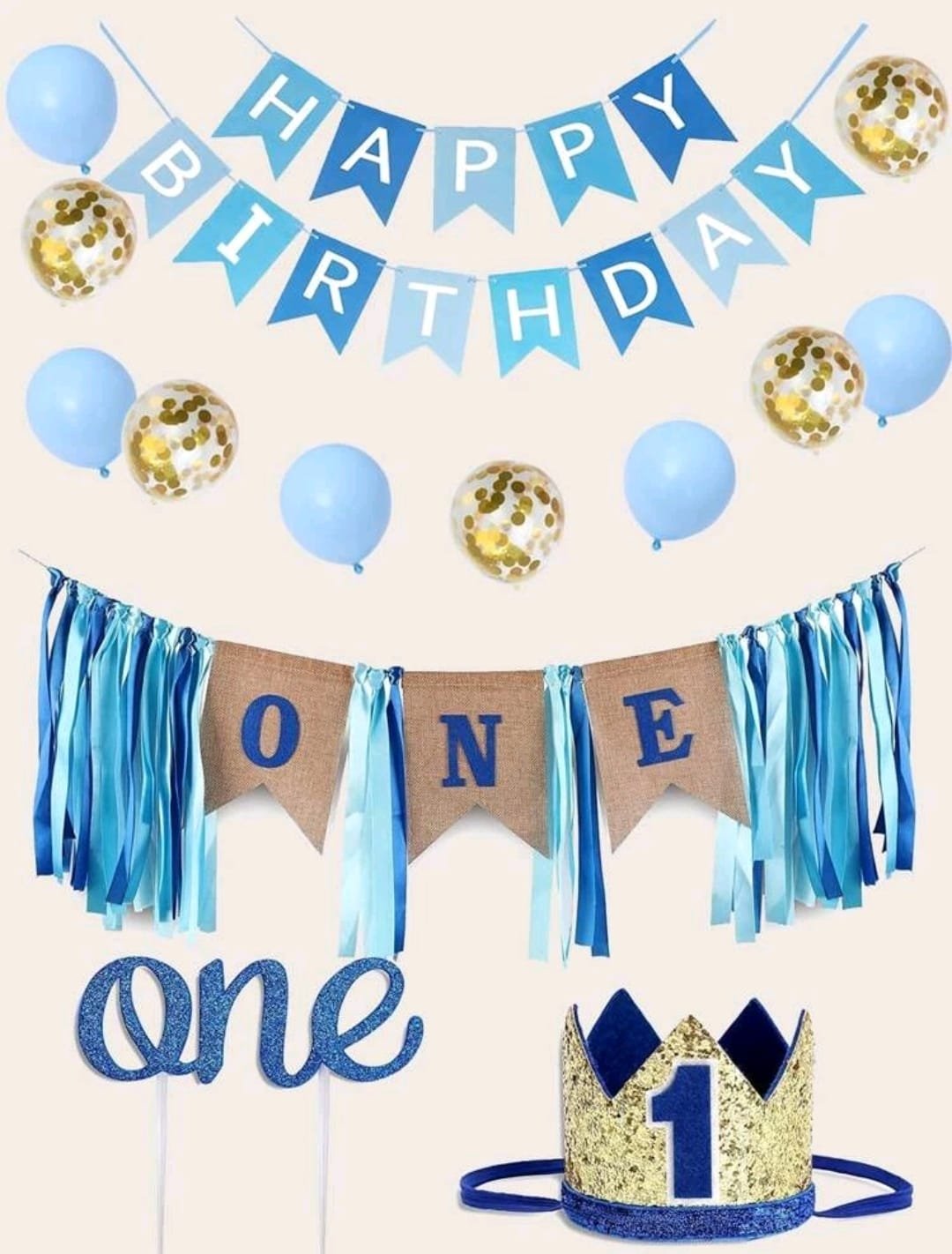 Blue First Birthday Decor Set 14PSC