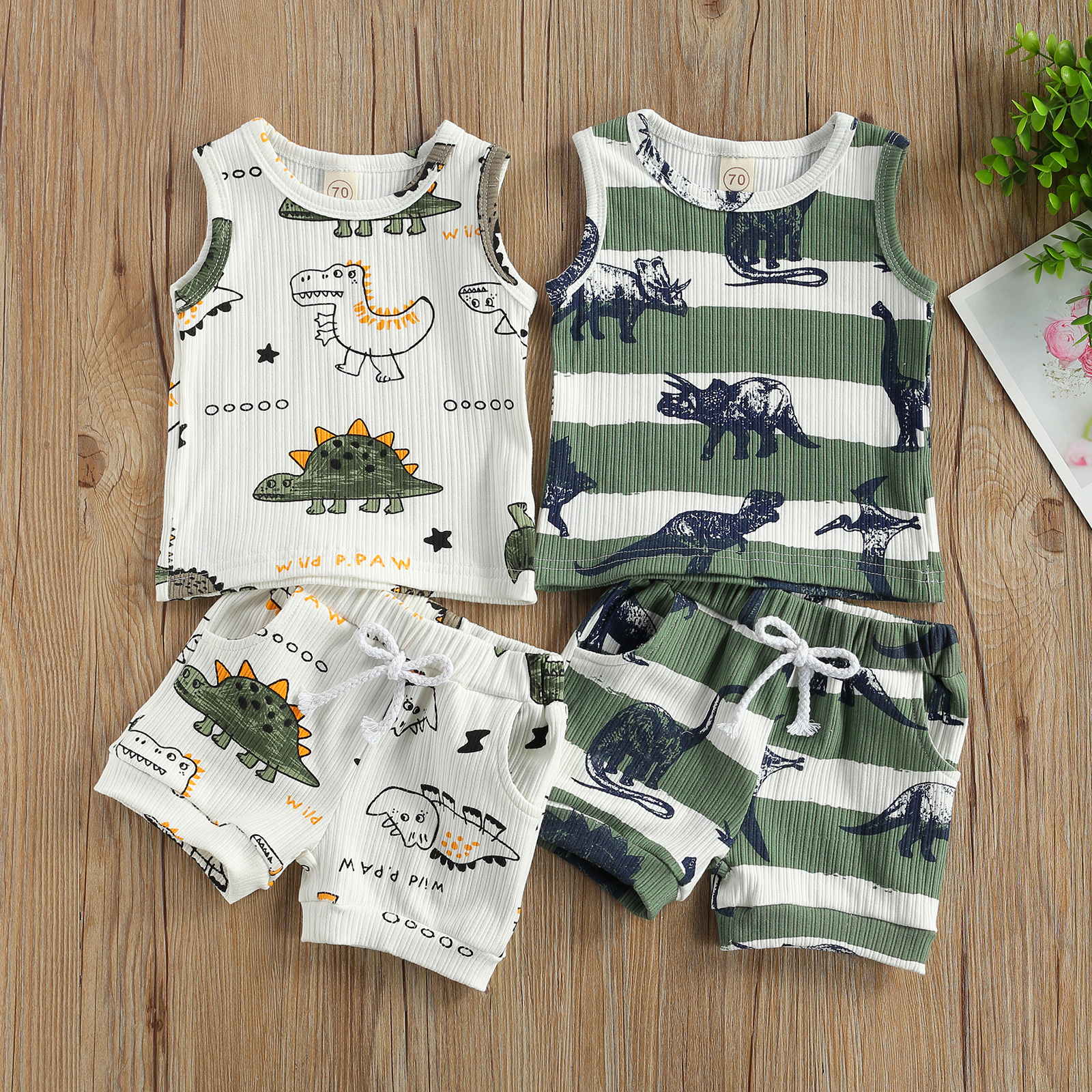 Green and white dino striped set - Image 3