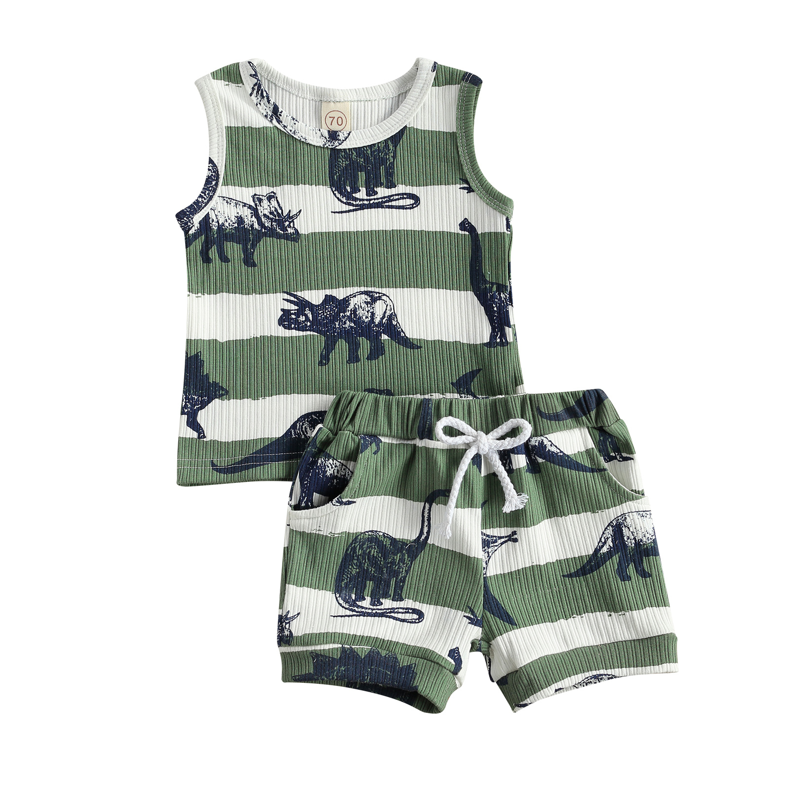 Green and white dino striped set