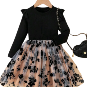 Black and Champagne Floral Long Sleeve Dress