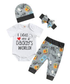 I Light My Daddy's World Romper with Matching Pants, Hat and Headband Gender Neutral