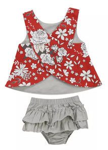Red Floral Top and Gray Bloomer