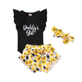 Daddys girl black romper with matching yellow floral bloomer and headband