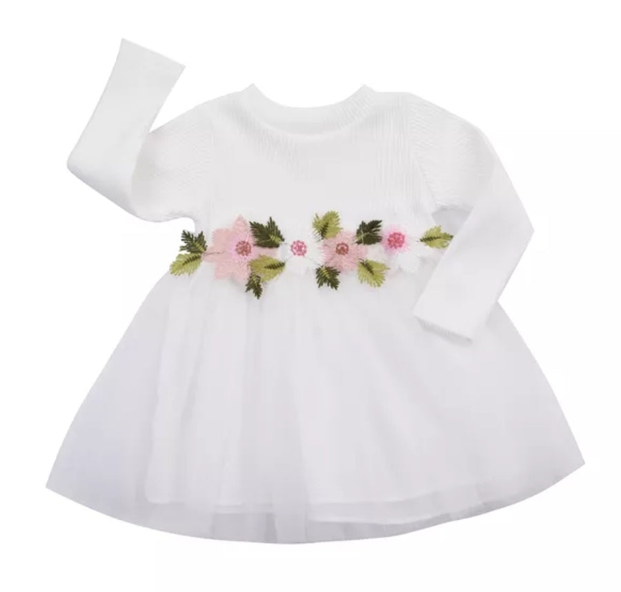 White Ribbed Lace Dress with Floral Design - Image 10