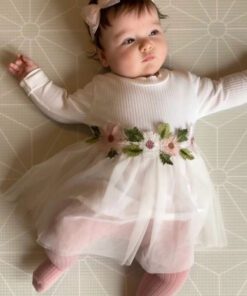 White Ribbed Lace Dress with Floral Design - Image 3