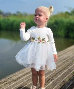 White Ribbed Lace Dress with Floral Design - Image 9