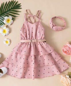 Alternative view of Pink polka dress with matching headband and belt