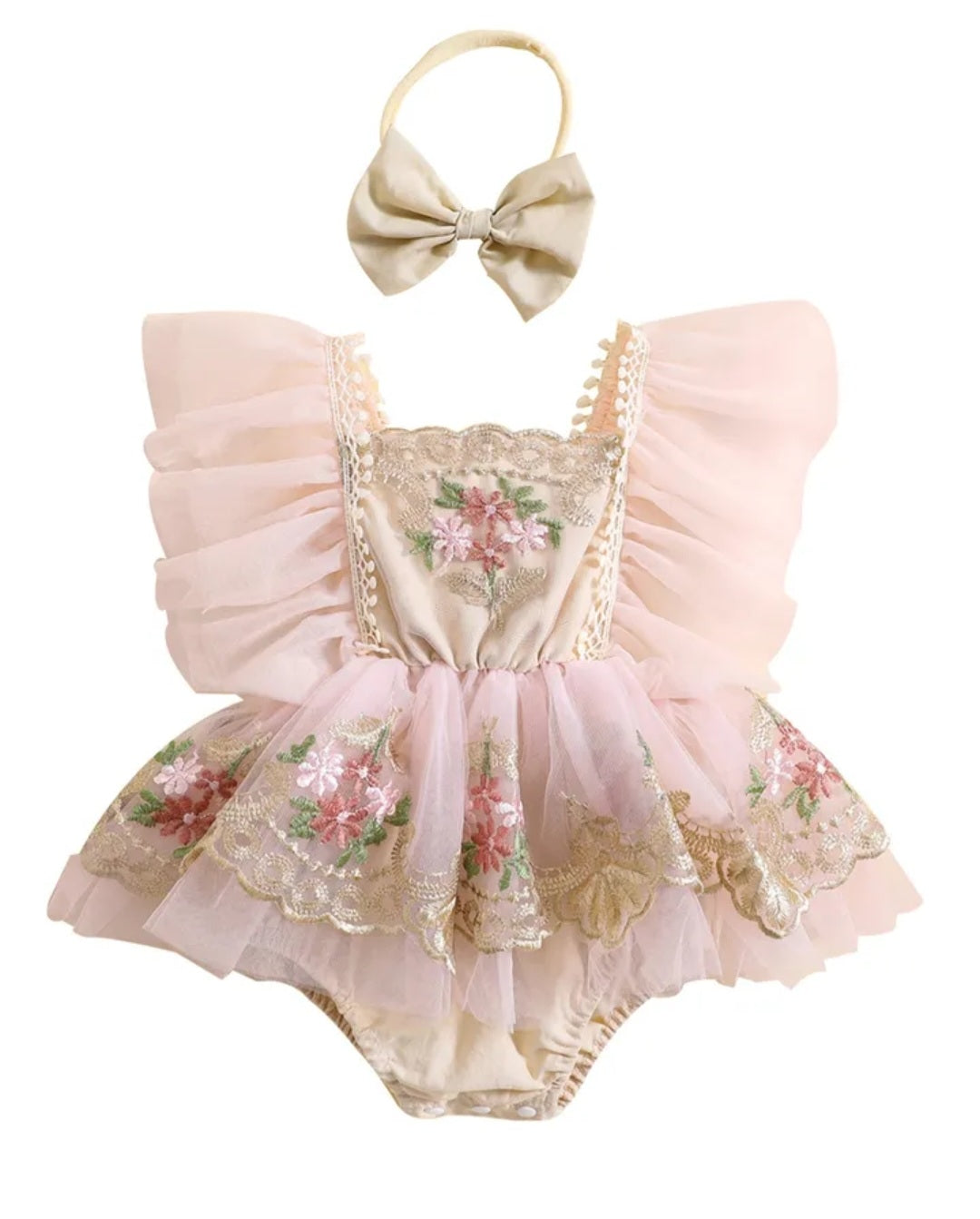 Ruffle Soft Pink Romper with Embroidered Tulle and Headband