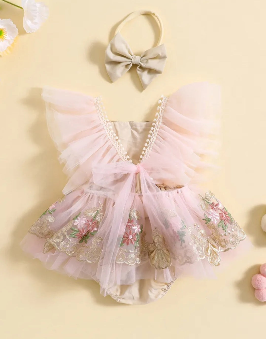 Ruffle Soft Pink Romper with Embroidered Tulle and Headband - Image 4