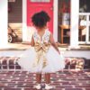 White Lace Tutu Dress with Gold Sequins Bow