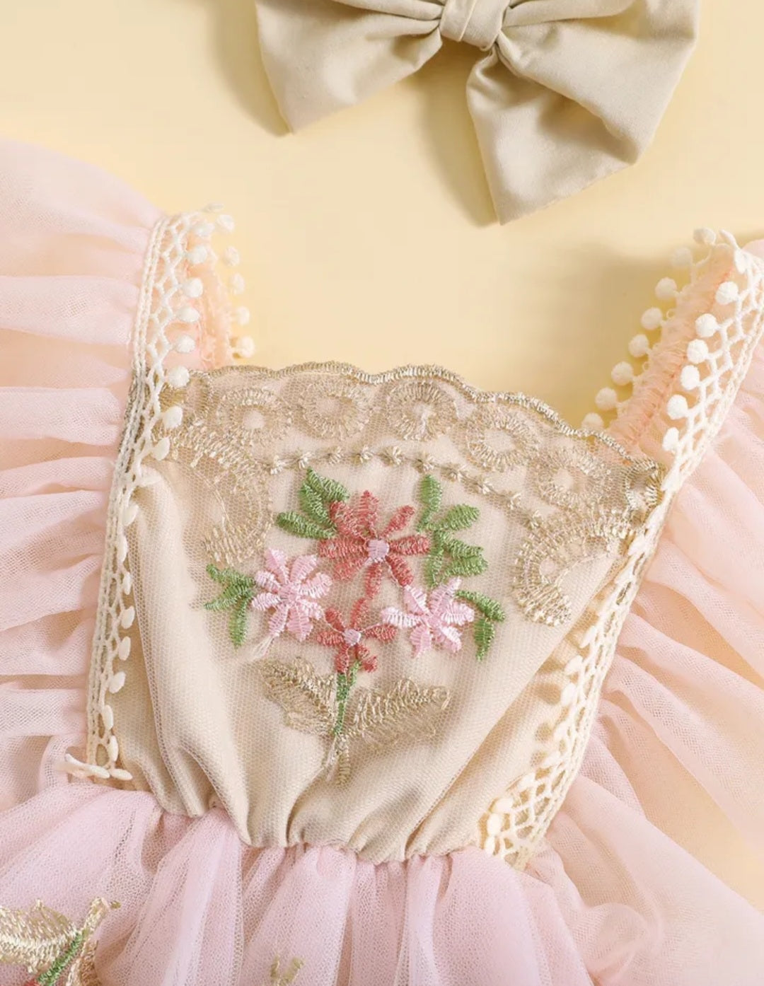 Ruffle Soft Pink Romper with Embroidered Tulle and Headband - Image 3