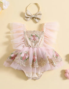 Ruffle Soft Pink Romper with Embroidered Tulle and Headband - Image 2