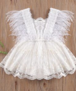 White Lace Dress with Feather Detail - Image 9