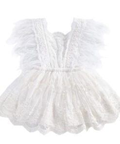 White Lace Dress with Feather Detail - Image 4