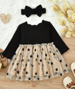Long Sleeve Black and Gold Star Dress with Headband - Image 4