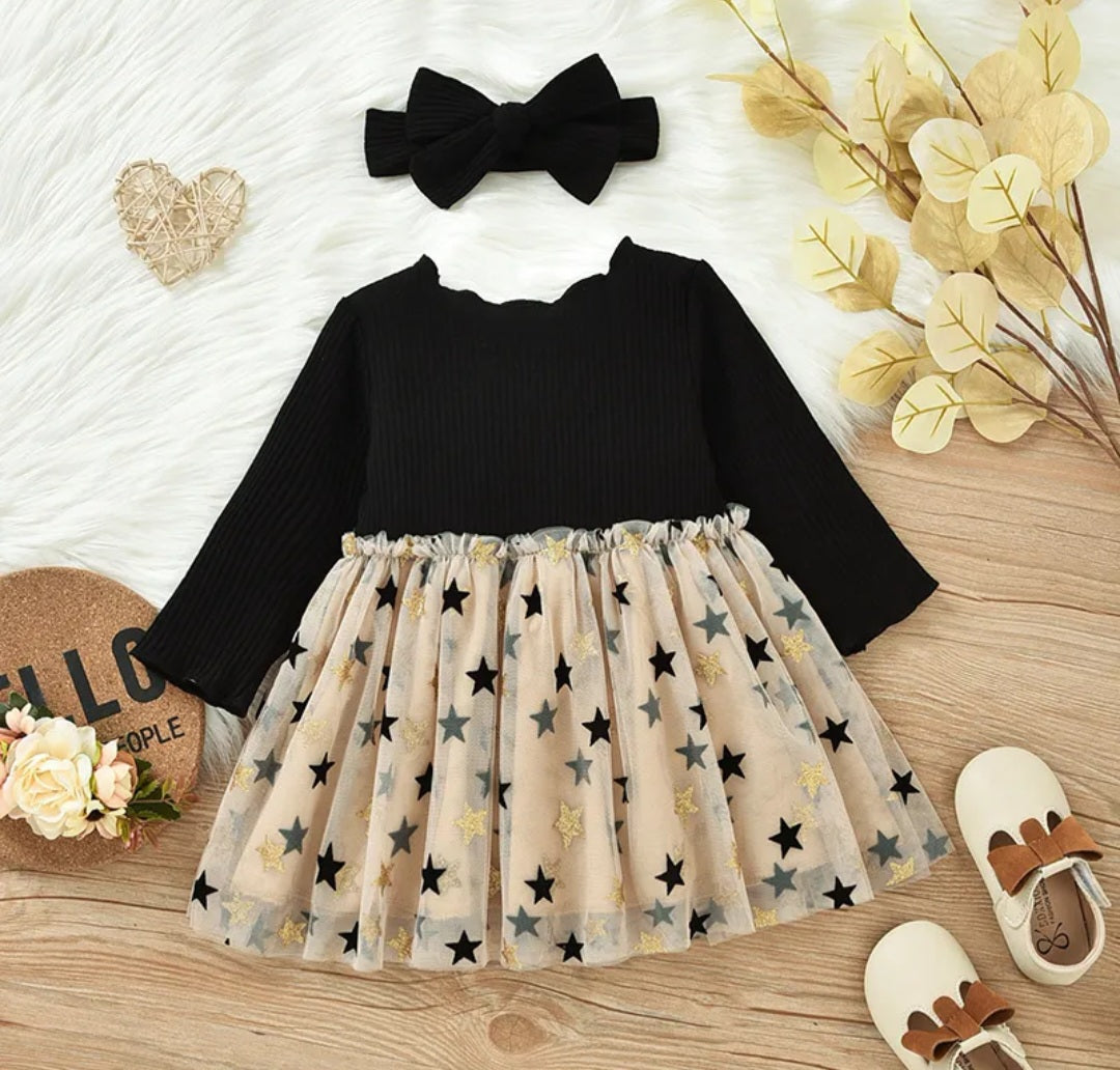 Long Sleeve Black and Gold Star Dress with Headband - Image 4