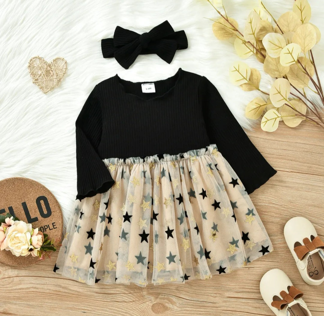 Long Sleeve Black and Gold Star Dress with Headband - Image 2