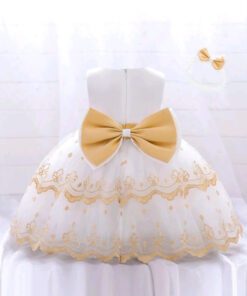 White and Gold Special Occassion Dress with Big Bow and Headband