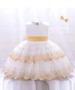 Alternative view of White and Gold Special Occassion Dress with Big Bow and Headband