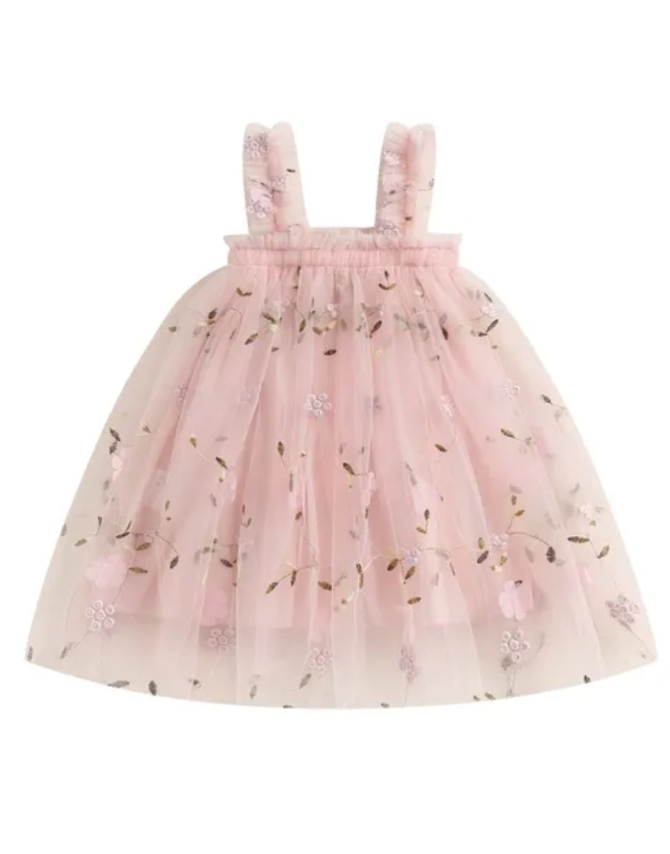 Peachy Pink Embroidered Floral Tulle Dress