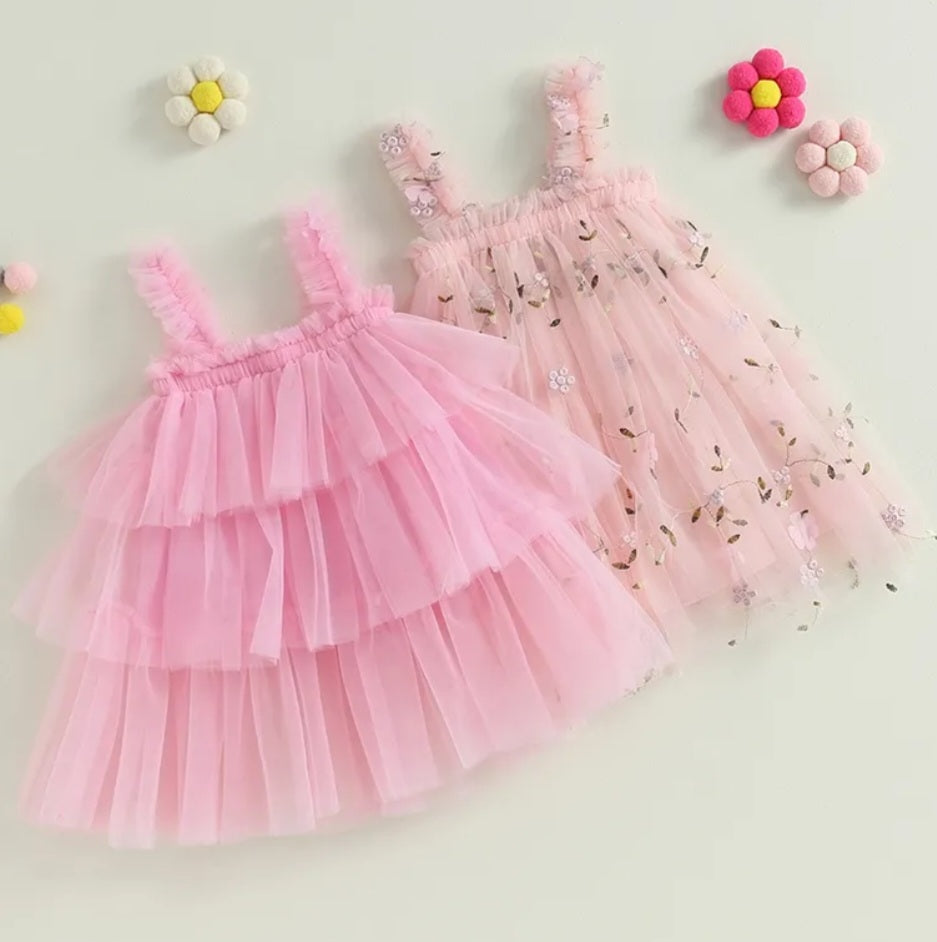 Peachy Pink Embroidered Floral Tulle Dress - Image 2