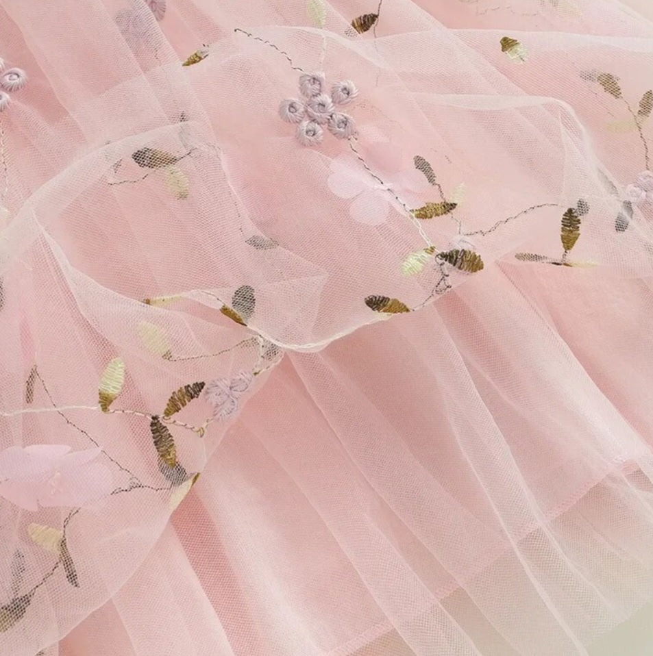 Peachy Pink Embroidered Floral Tulle Dress - Image 3