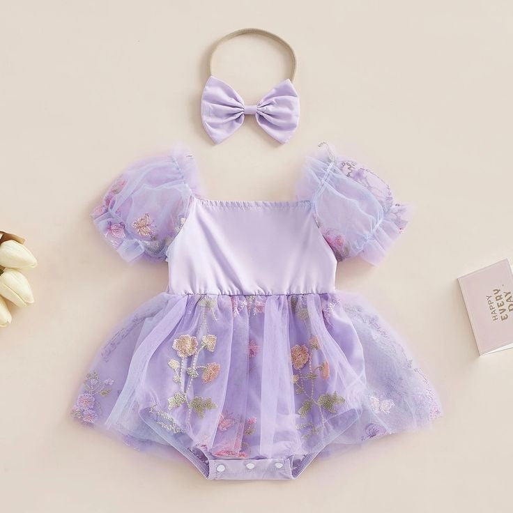 Embroided Purple Pull Sleeve Romper and Headband - Image 2