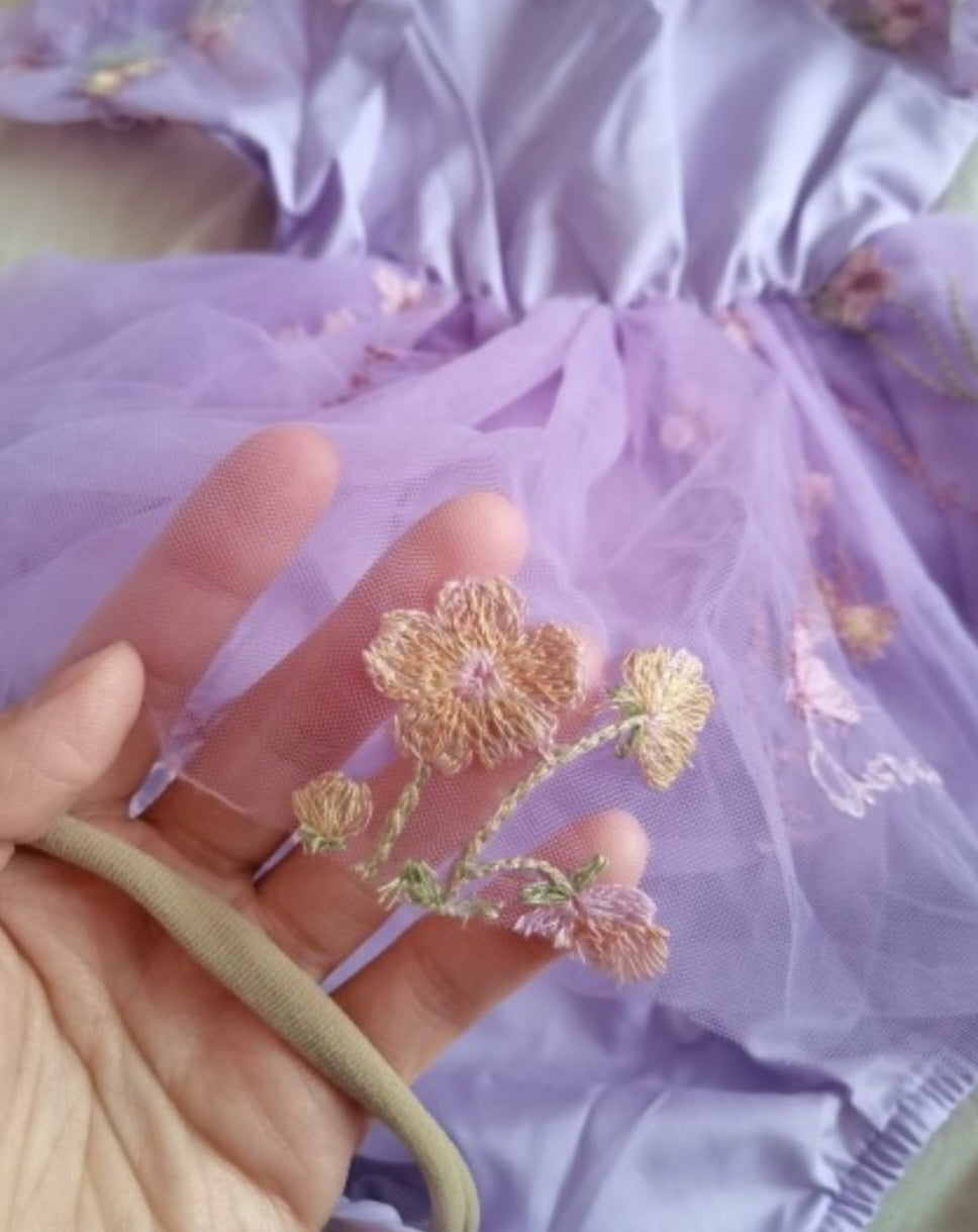 Embroided Purple Pull Sleeve Romper and Headband - Image 3