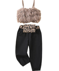 Fluffy crop top black pants and leopard belt
